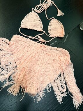 Delicious Crochet Fringe Bikini Set - Light Pink